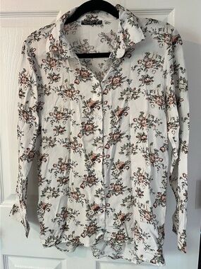 NEW N.B. BLUE Floral Button Down Blouse Made in Turkey Size M
